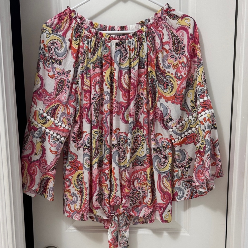 G by Guess Pink Paisley Off-Shoulder Tie-Hem Blouse